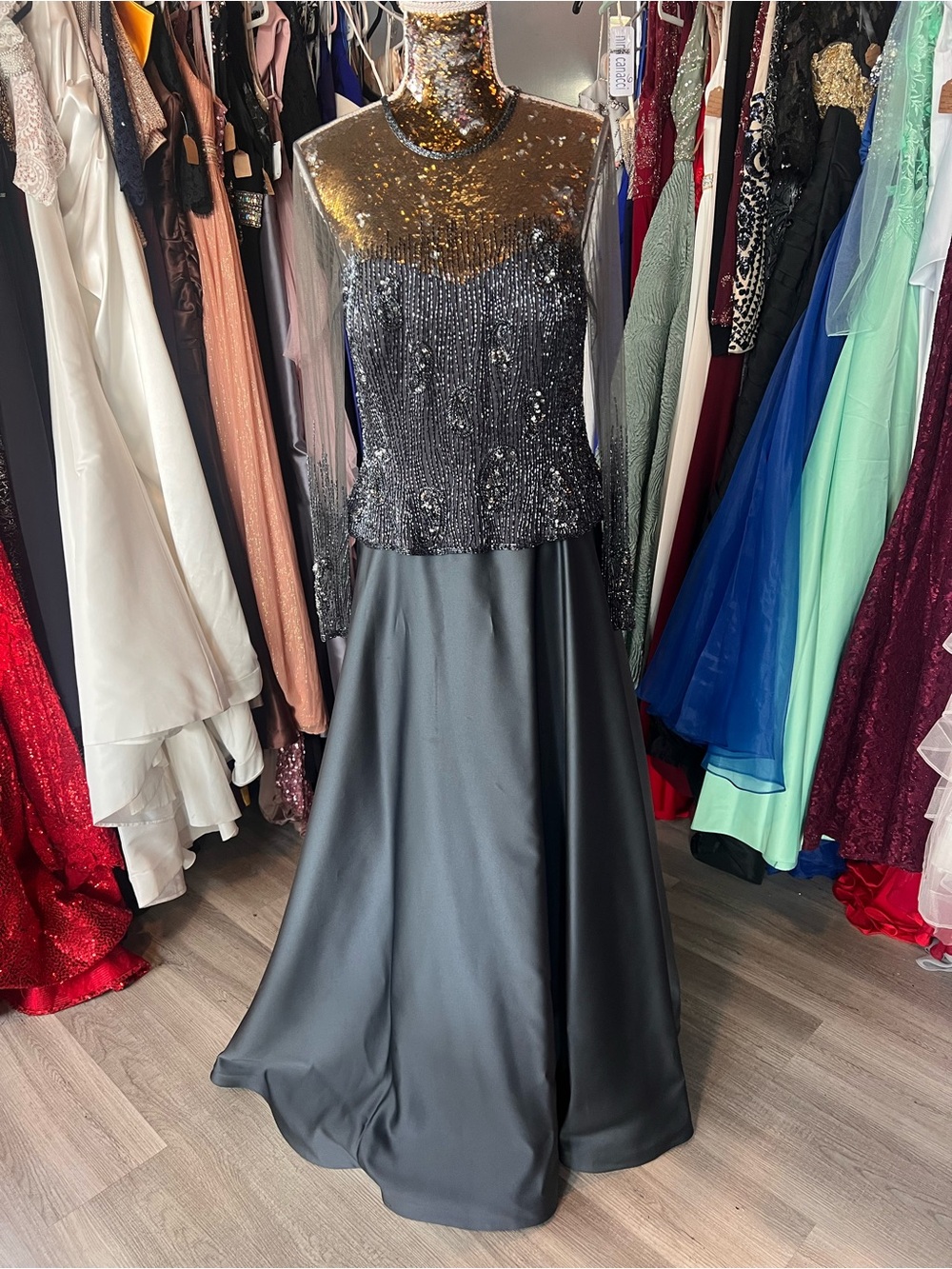 Jovani Vintage Charcoal Beaded Long Sleeve Maxi Gown